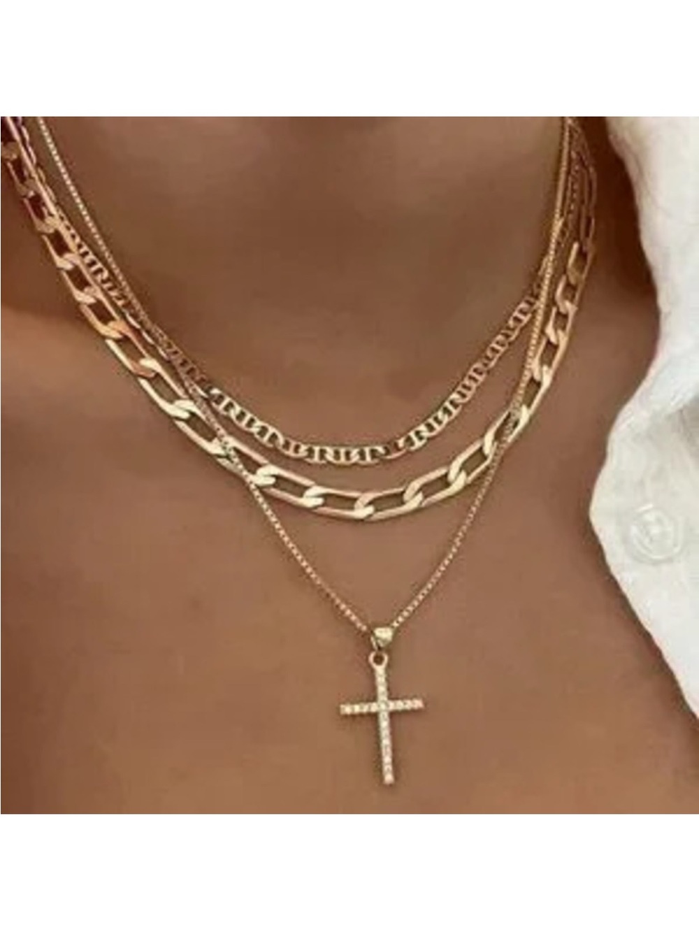 Layered Cross Pendant Necklace Set C 3 Chains Statement Style 24k Gold Plated